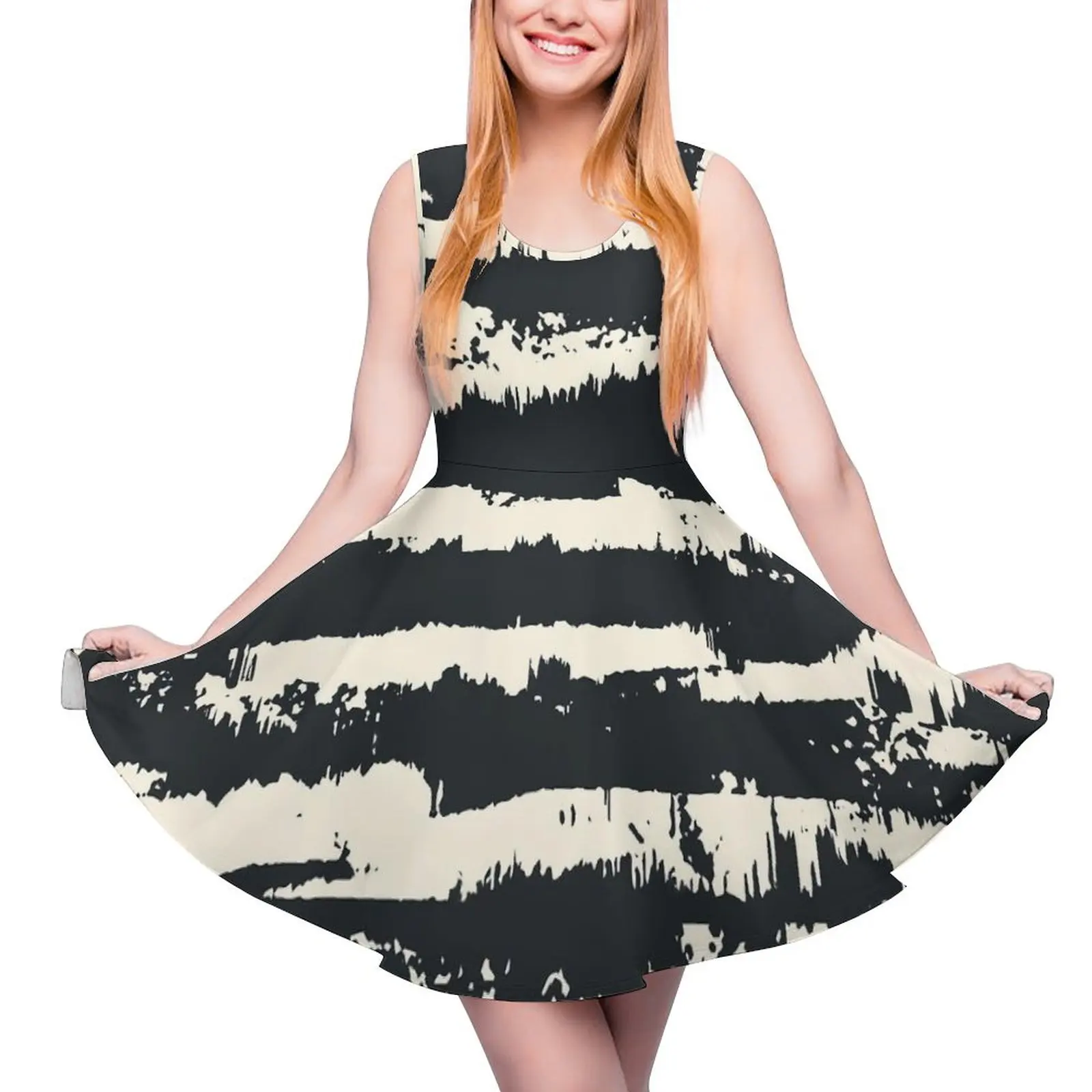 

Black Tie Dye Print Dress Abstract Striped Cute Dresses High Waist Korean Fashion Printed Skate Dress Women Oversize Vestido