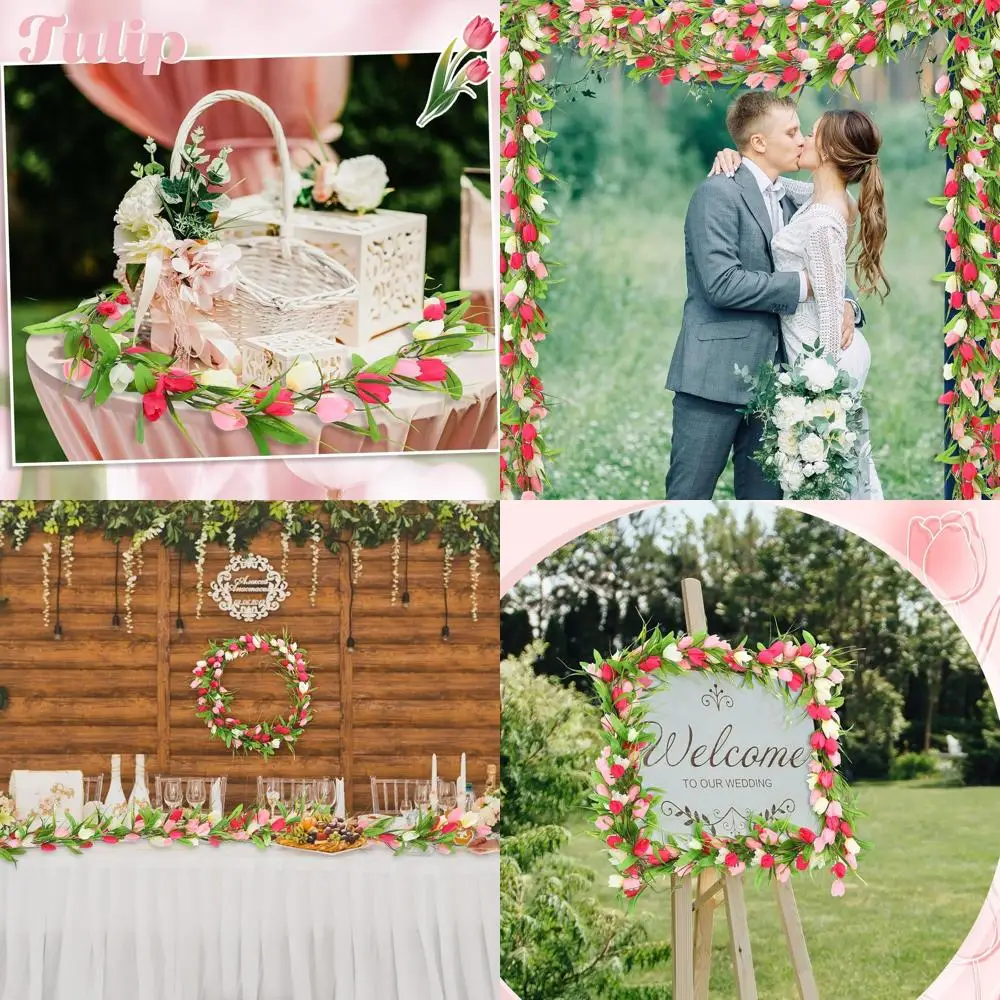 

Set of 2 Pink 6ft Valentine's Tulip Garlands with 50 Artificial Flowers for Spring, Wedding, or Party Home Decor