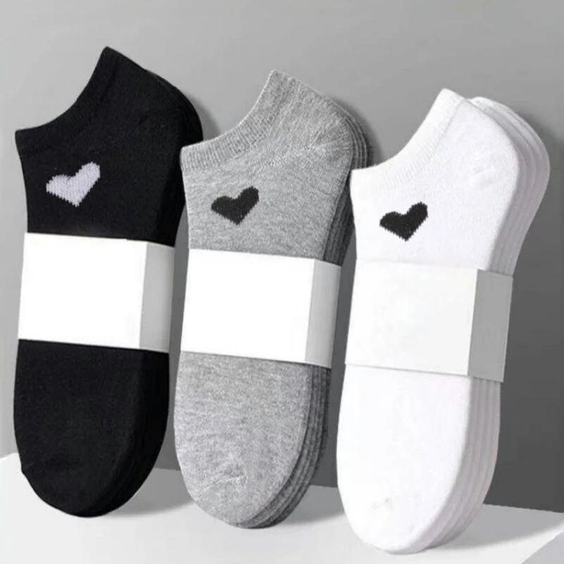 Women's No-Show Socks – Heart Pattern, Black, White & Gray, Versatile and Classic, Comfortable, Breathable, Moisture-Wicking