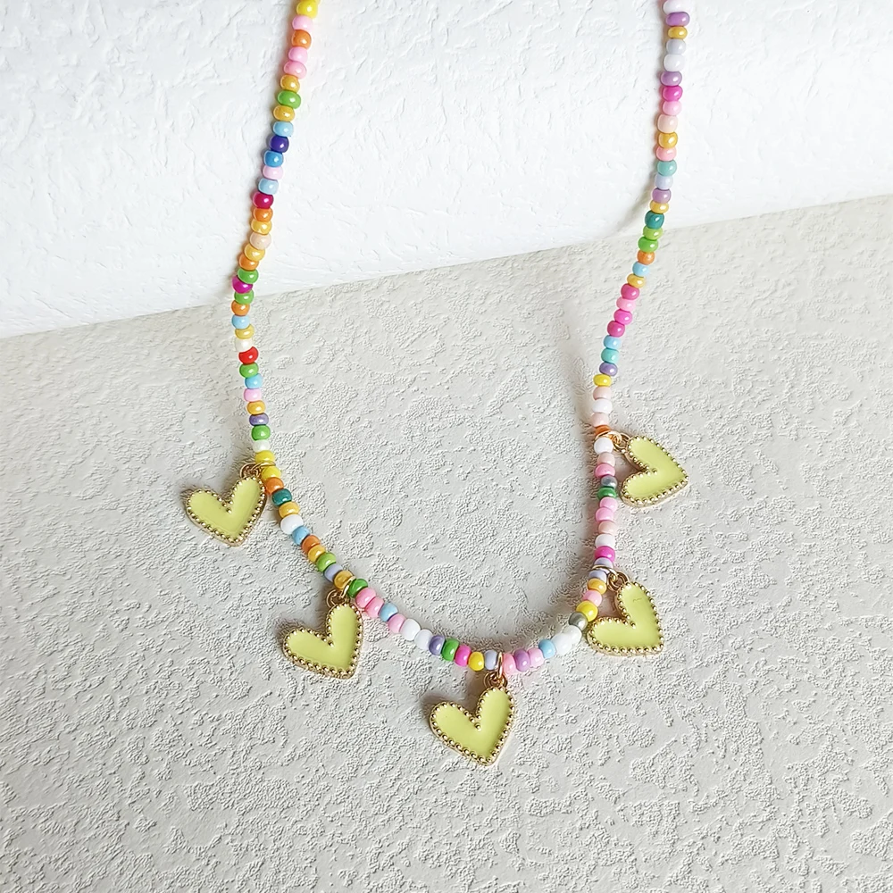 ZX Cute Colorful Enamel Heart Pendant Necklace Handmade Seed Beaded Chain Chokers Necklace for Women Bohemian Jewelry Wholesale