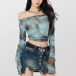 Hot Summer Slash Neck Sexy Tie Dye Flare Long Sleeve T-shirts Women Street Fashion Tee Shirt Korean Style Club Short Crop Tops