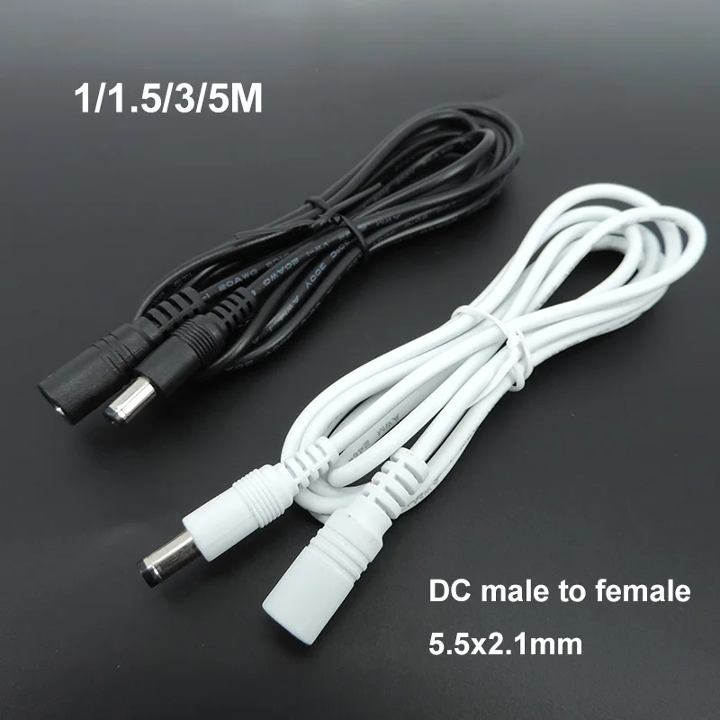 DC Power Supply Macho para Cabo Conector Feminino, Cabo de Extensão, Adaptador Plug, Branco, Preto, 20 AWG, 5.5mm x 2.1mm, 5.5mm, 2.1mm, L