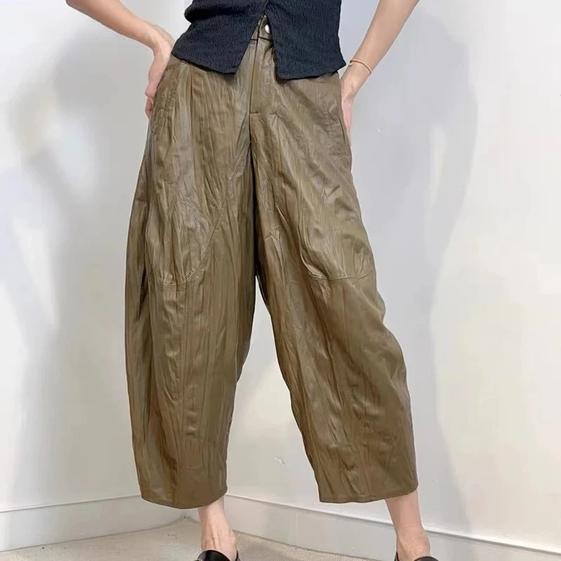 

2025 Fashion Wrinkled Leather Harem Pants For Women Army Green Loose Cropped Pants Feminino Casual Trousers Ankle-Length Pants