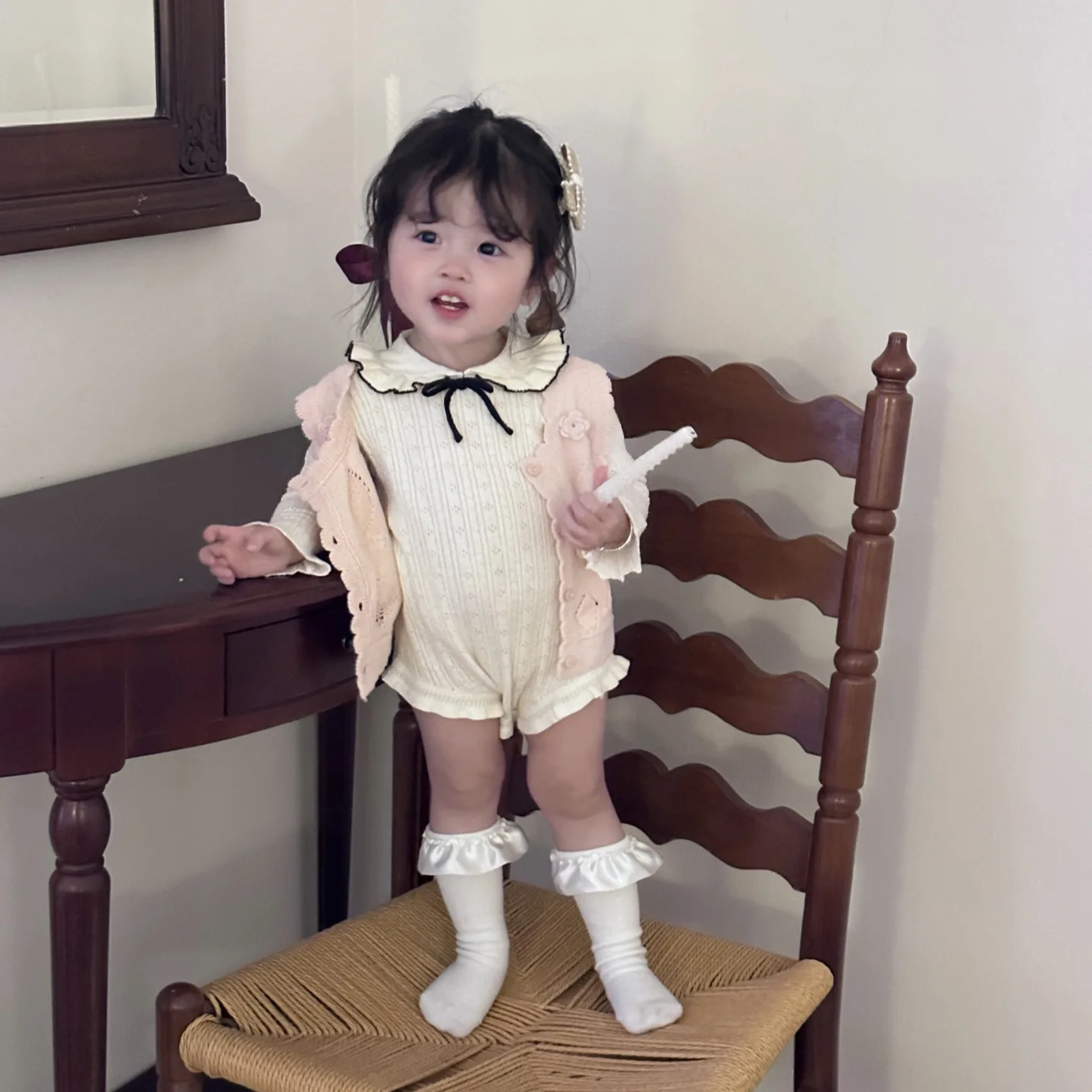 Spring and Autumn Thin Casual All-match Sweet and Cute Collar Bow Knitted Clothes Knitted Rompers Fashionable