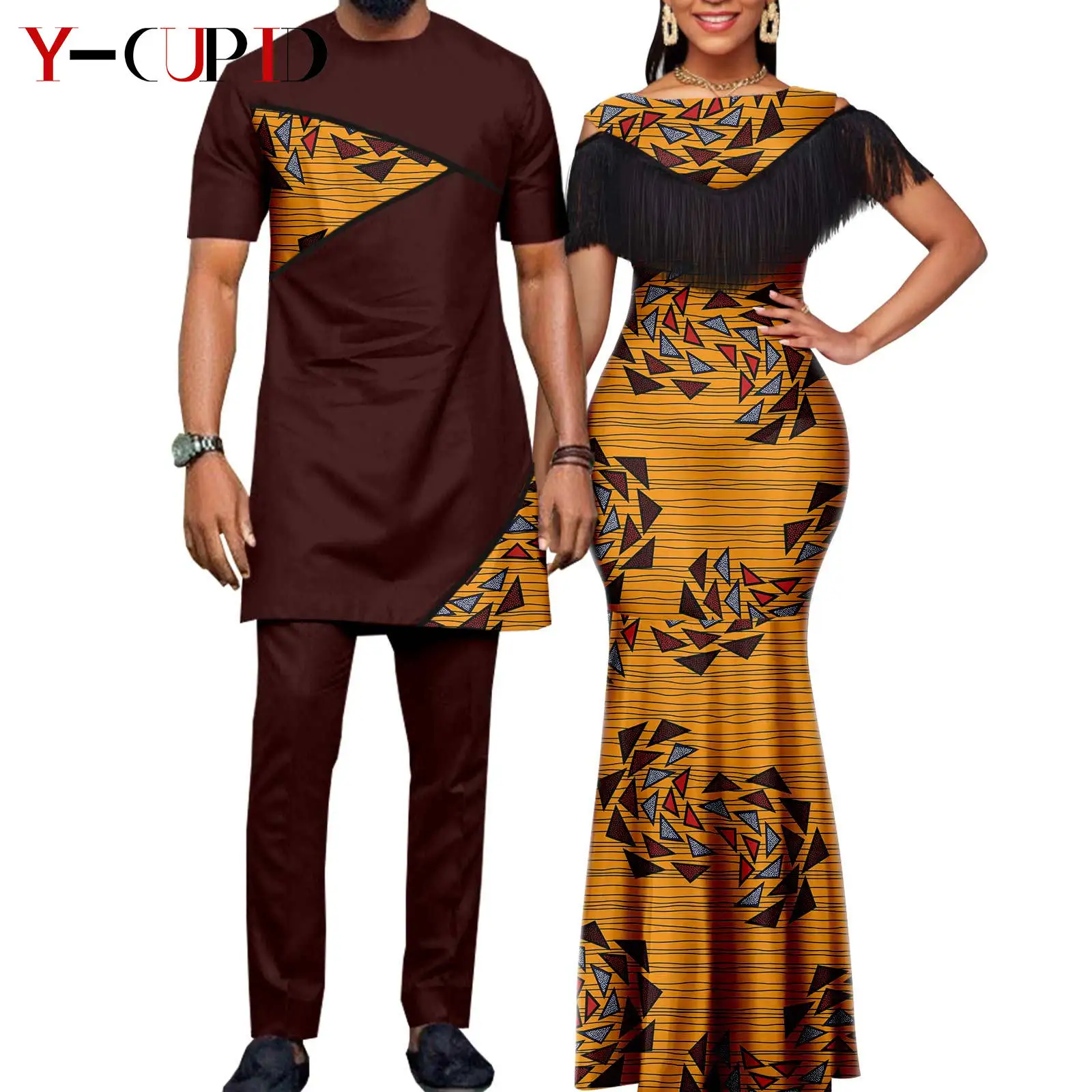 African Dresses for Women Matching Couple Outfits Bazin Riche Dashiki Slim Tassel Print Long Dresses for Party Vestidos Y23C009