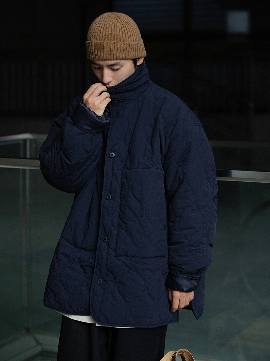 

Loose Fit Vintage Design Blue Jaet for Men Casual Sle Cotton Coat with ket Waterproof Nylon Fabric Thiened for Autum...