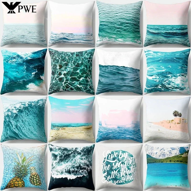 Sea Waves Beach Pillowcase Office Cushion Creative Home Car Sofa  Lumbar Cushion Cover Sea View Decor Pillow case 45x45cm