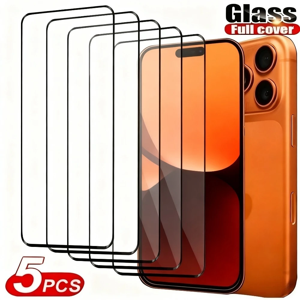 

5 шт. закаленное стекло с полным покрытием для iPhone 17 16 15 14 Pro Max Air 16 15 Plus Защитная пленка для экрана iPhone 13 12 11 Pro XR XS Max'