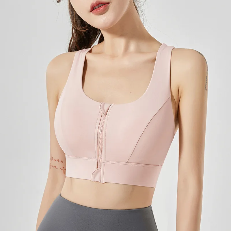 Front-zip high-intensity sports bra, shockproof, push-up, fixed one-piece cup, running, fitness, yoga tank top bra for women