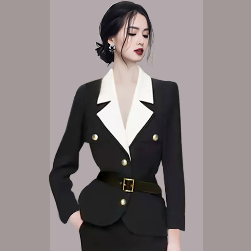 Ladies\' Suits With Skirt Two-Piece Setup Spring Autumn Women Blazer Chic And High-Waist Pencil Split Skirt Office Lady Outfit