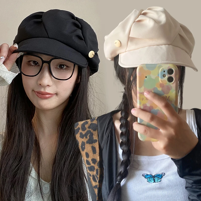 

Женские Плиссированные береты, сезон осень-зима 2024, черные, хаки, Короткие поля, Женский универсальный модный восьмиугольник в стиле Харадзюку