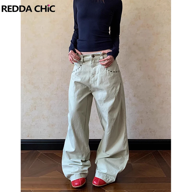 

ReddaChic Retro Studds Jeans for Women Casual Loose Fit High Rise Khaki Studded Pockets Straight Baggy Denim Pants Streetwear
