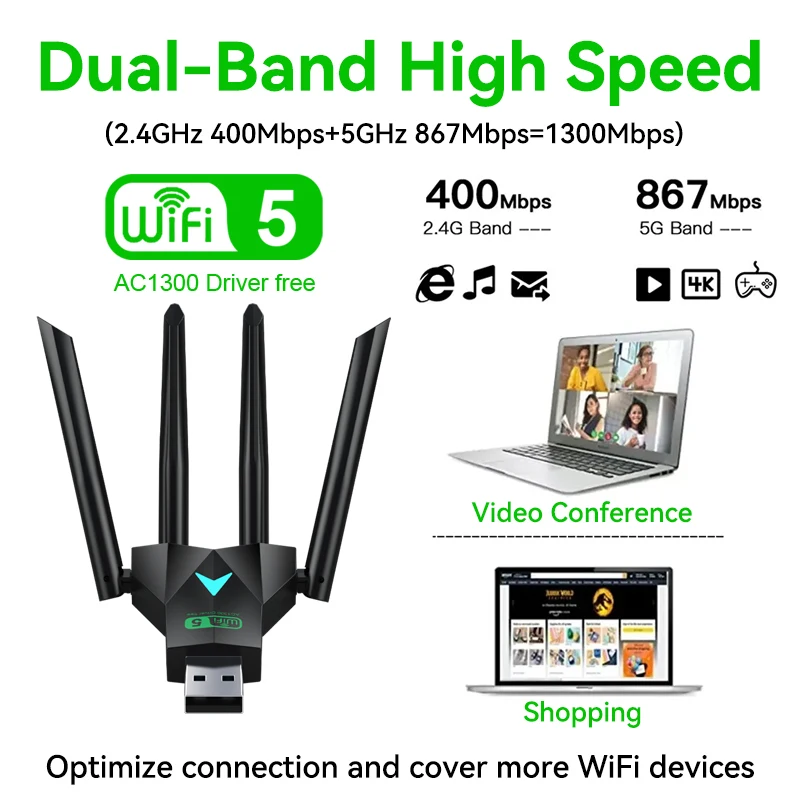 New 4 Antennas 1300Mbps WiFi USB 3.0 Adapter 2.4G/5.8G 802.11AC Dual Band High-Speed Wireless Network Card Receiver PC/Laptop