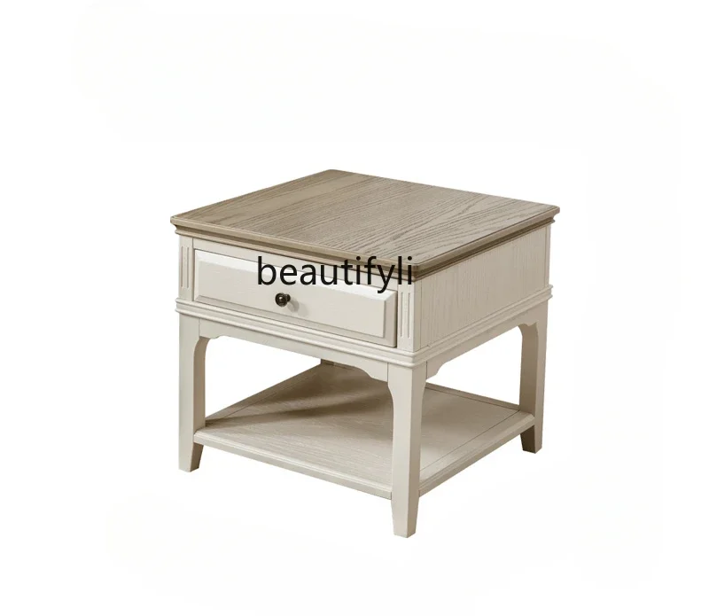 

American Country Side Table Corner Solid Wood Furniture Log Phone Table Small Square Table Distressed Retro Two-Tone