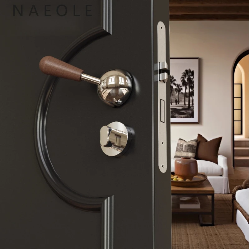 

Home Security Lock Bedroom Universal Home Solid Wood Door Handle Lock, Silent Black Indoor Separate Handle Minimalist Design.