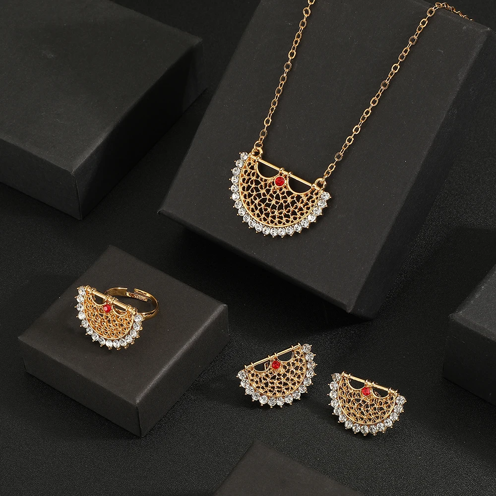Hot Sale Sector-shaped geometric zircon Pendant necklace + earrings + ring Jewelry Set for Women Stainless Steel quality jewelry
