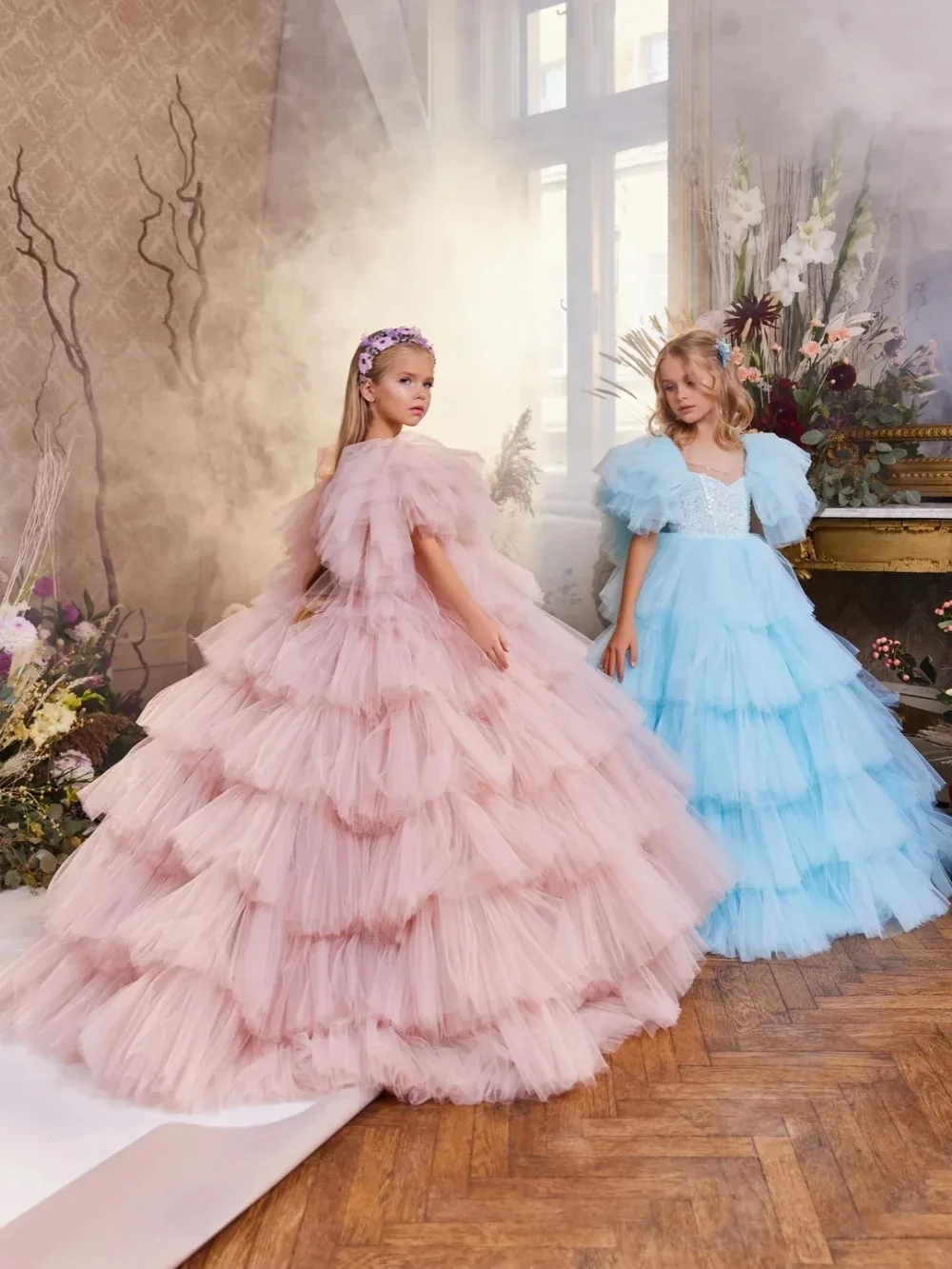 Pink Flower Girl Dresses for Wedding Sequins Layered Floor Length Girl Gown for Photoshoot First Communion Gowns Customized