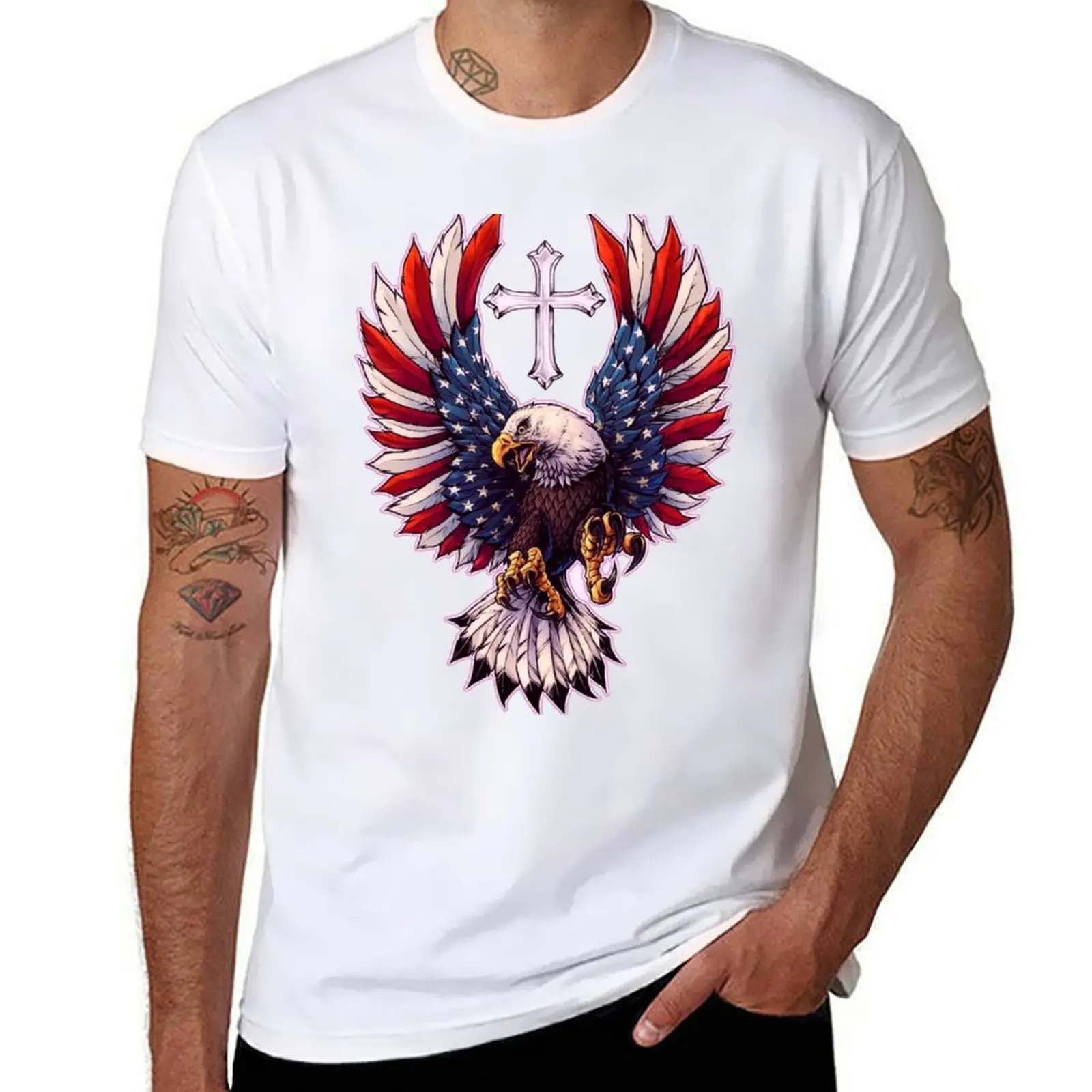

American flag eagle with Cross T-Shirt man t shirt luxury essential t shirt man graphic t shirt T-Shirt