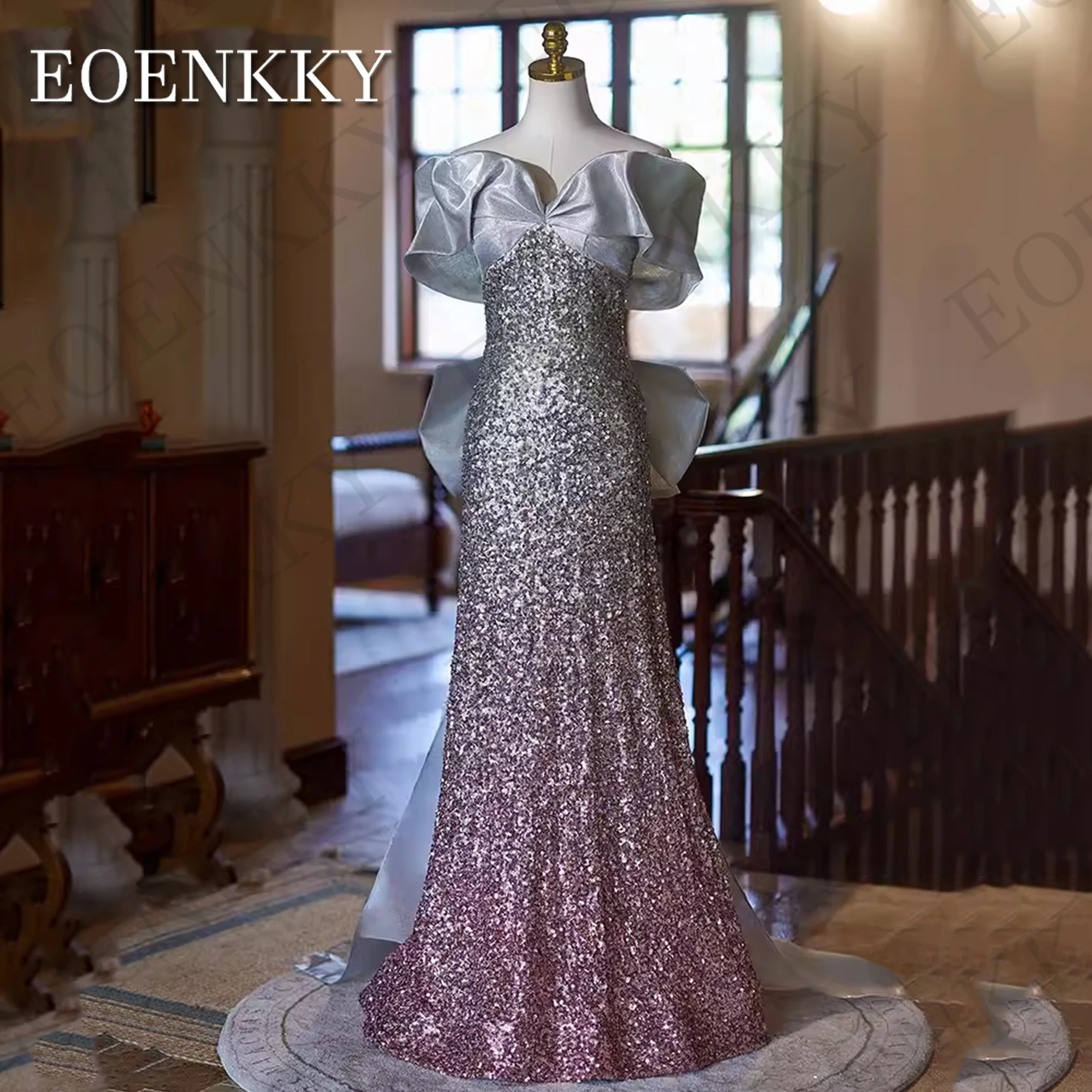 

Luxury Sparkly Sequined Evening Dress Mermaid Off Shoulder Glitter Pageant Party Dresses With Detachable Train vestido de noche