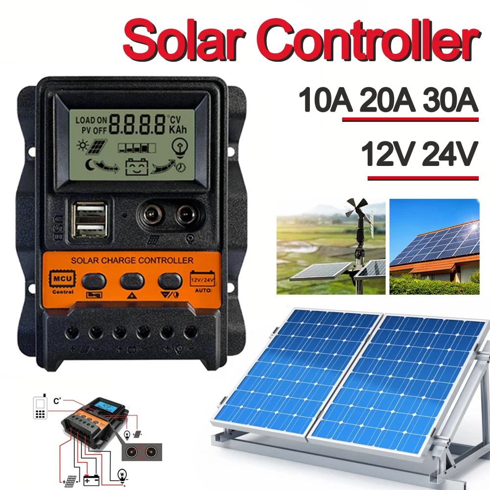 10A 20A 30A 12V 24V Solar Charge Controller Solar Regulator Panel Battery Regulator LCD Display Current PWM Controller