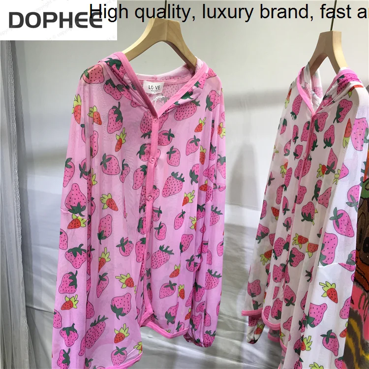 

and Korea Light Soft Mesh Hooded Sun Shirt Jacket Full Printed Cute Strawberry Age Reduction Top Loose Summer Thin Coat Street