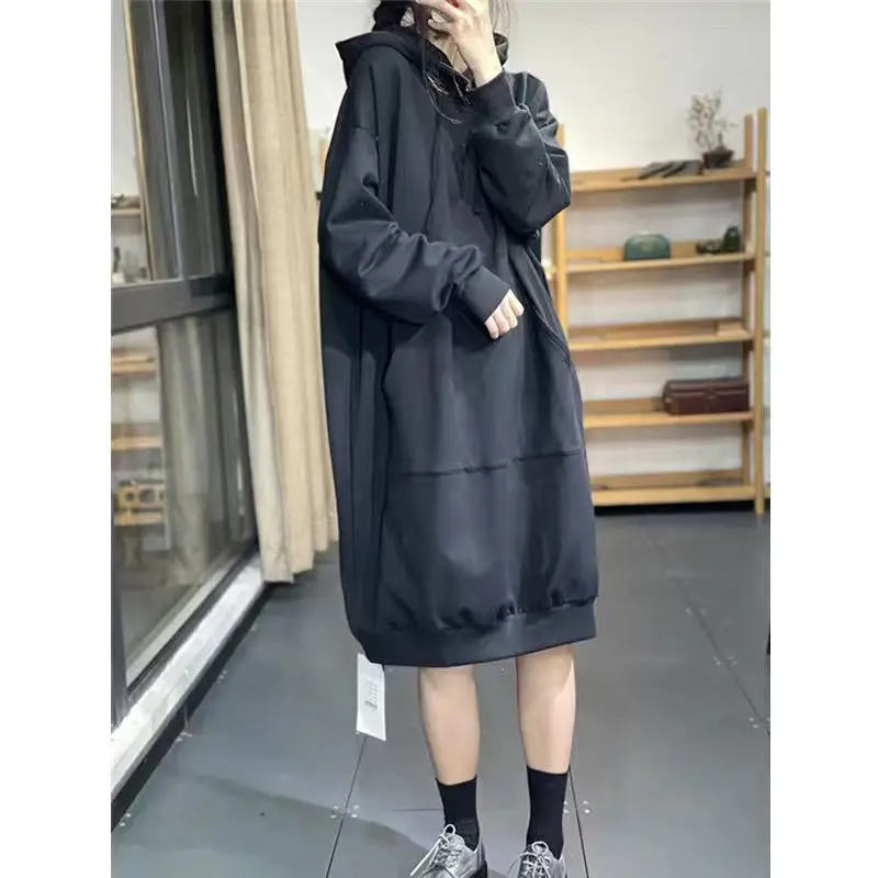 Autumn Winter New Solid Mid Length Hooded Dress Women Patchwork Drawstring Pockets Loose Fashion Casual Warm Long Sleeve Dresses