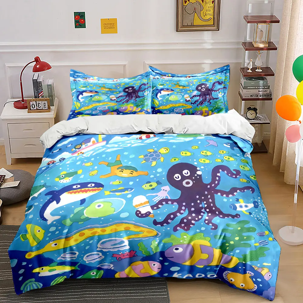 3Pcs Underwater Adventure Bedding Set,Cute Octopus, Whale and Fish Print Duvet Cover + 2 Pillowcases,Kids home Ocean Decor set