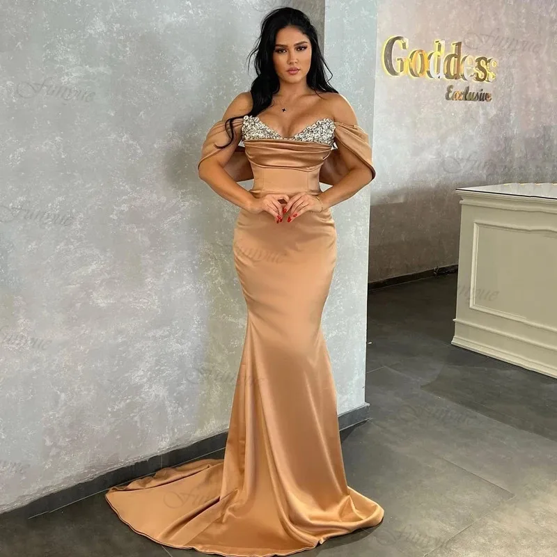 

Gold Sweetheart Mermaid Evening Dresses Crystal Beads Satin Off The Shoulder Women Formal Prom Gowns Night Party Outfits Robe