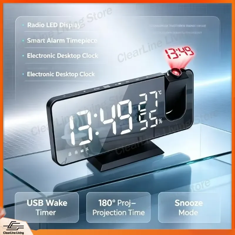for Radio LED Display Smart Alarm Timepiece Electronic Desktop Clock USB Wake Timer 180 Degree Projection Time Snooze Mode