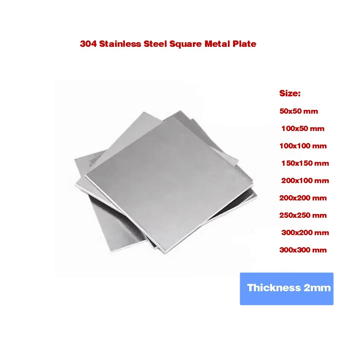 

304 Stainless Steel Square Metal Plate Sheet Thickness 2mm 50x50 100x100 150x150 200x100 200x200 250x250 300x200 300x300mm