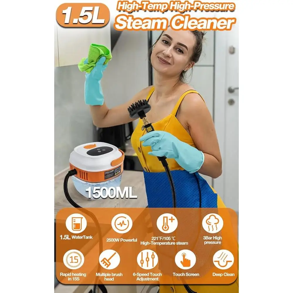 Handheld Steam Cleaner Touch Screen 1.5L Large Tank Portable High Pressure 6 Gear Adjustable Steam Cleaner Deep Cleaning Hard