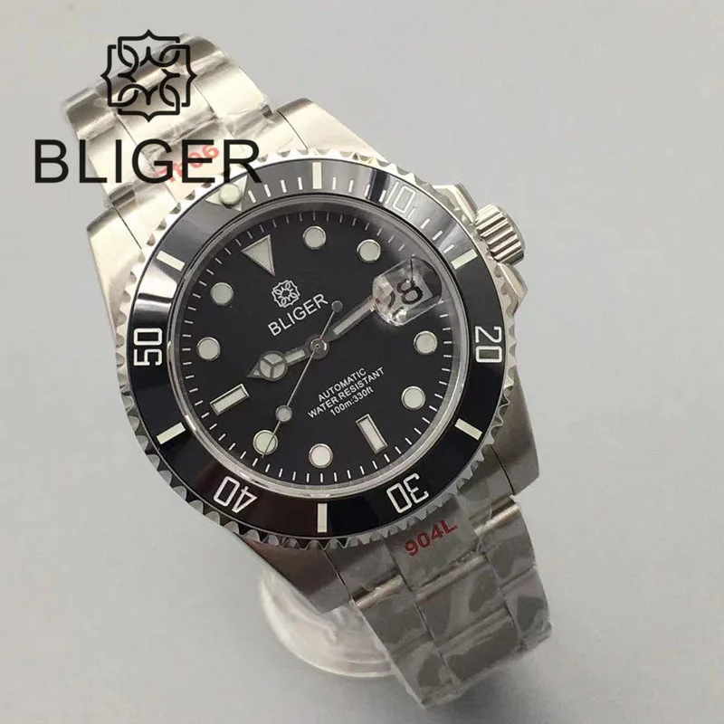BLIGER 40mm Men\'s Watch 24 Jewel NH35A Mechanical Sapphire Glass Black Dial Luminous Stainless Steel Bracelet Waterproof Date