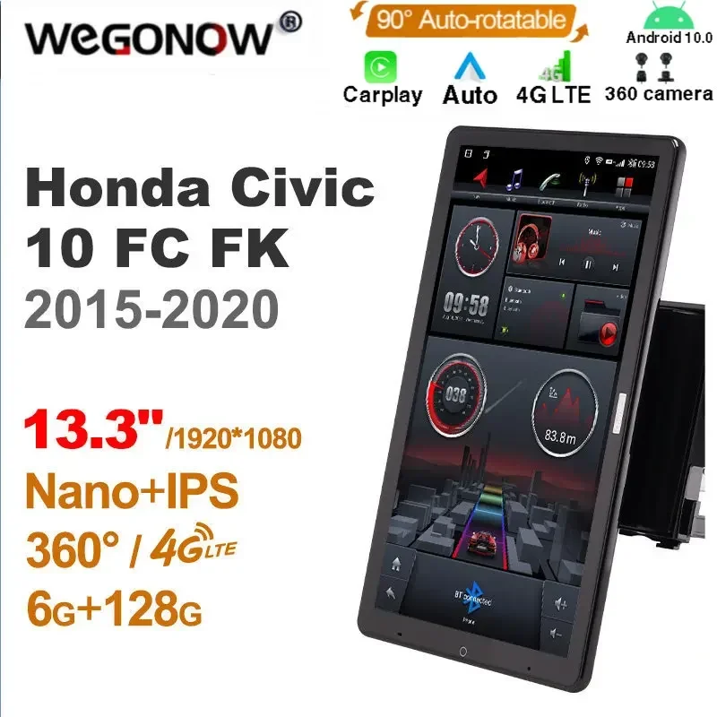 1920*1080 Nano Ownice Android10.0 for  Honda Civic 10 FC FK 2015-2020 Car Radio Audio 13.3'' Rotatable 360 6G 128G Tesla Style