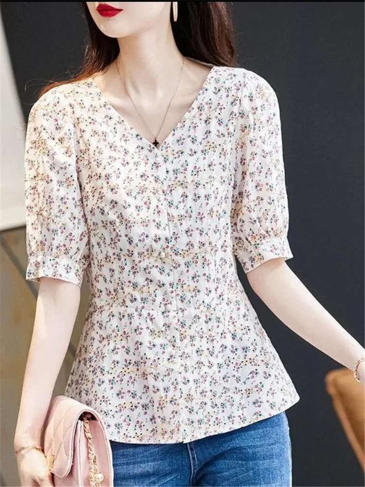 Korte Mouwen Shirt Voor Vrouwen Blouses Bloemen Vrouwen Shirt Zomer V-Hals Vest Blous Casual Bedrukt Top Chiffon Shirt