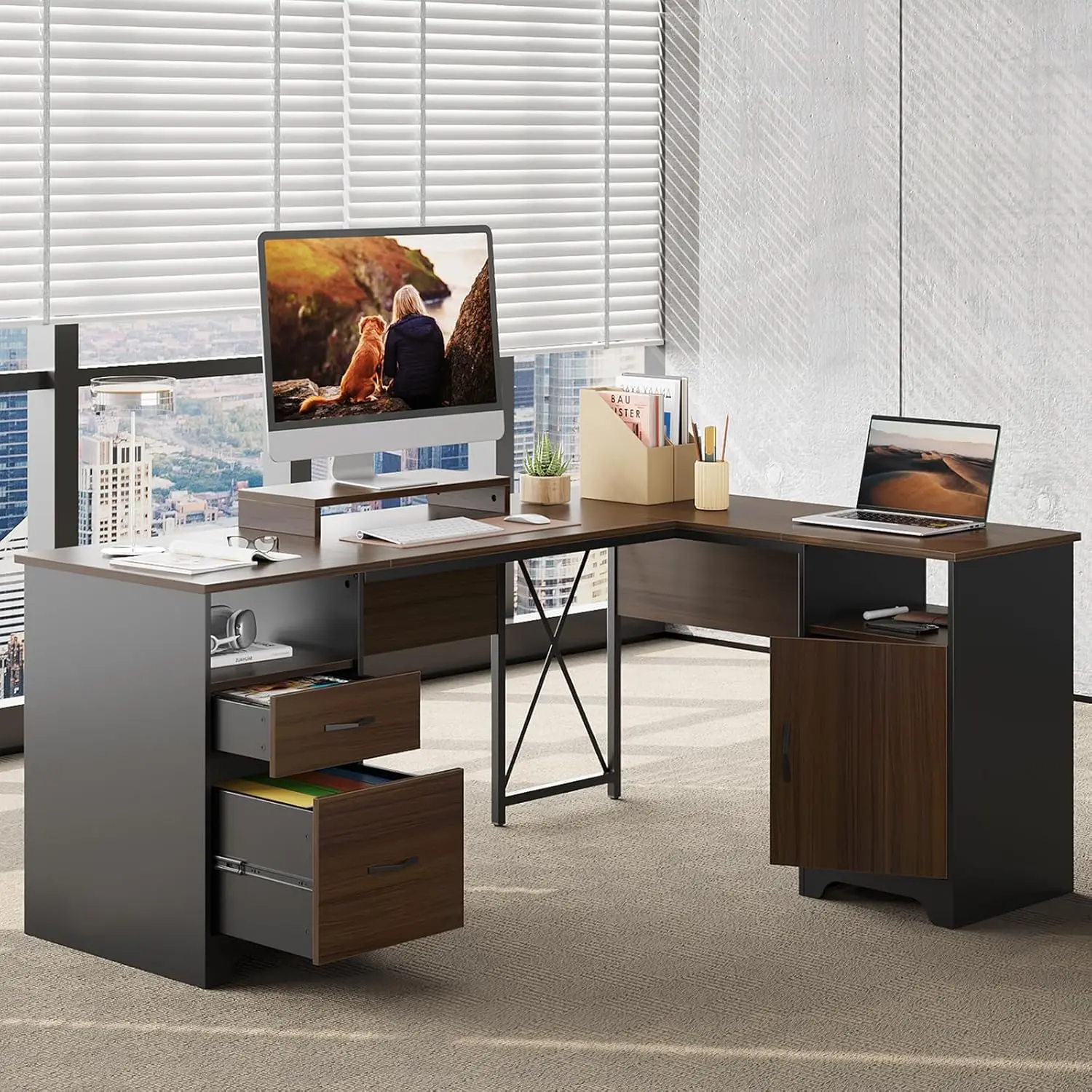 Shaped Desk with File Drawers, Office Computer Desk with Storage Cabinet, Corner Desk with Monitor Stand