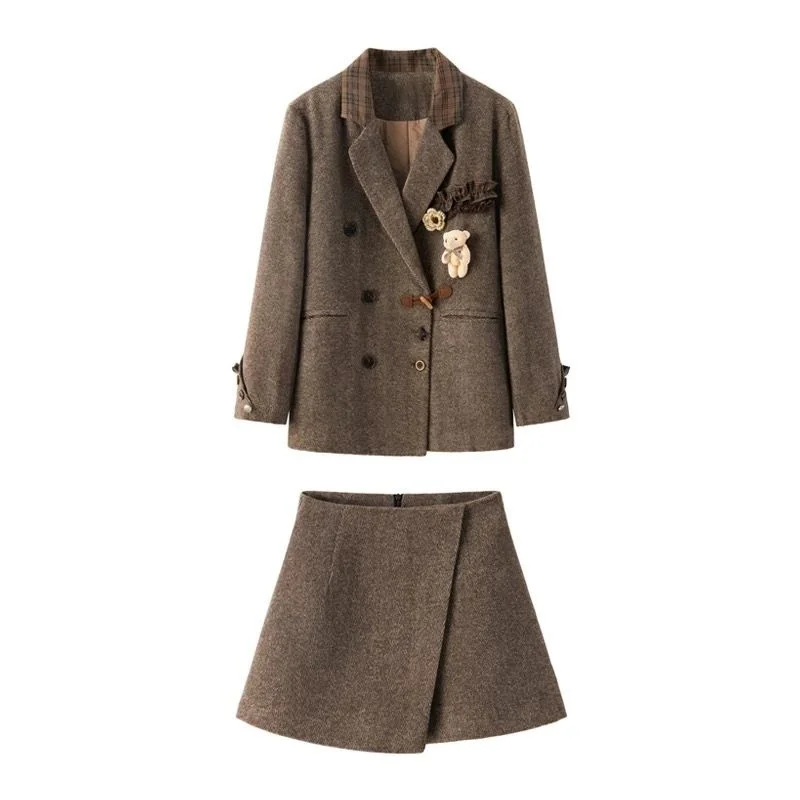 Little Bear Cotton Four Piece College Style Coffee Color Collar Button Long Sleeve Suit