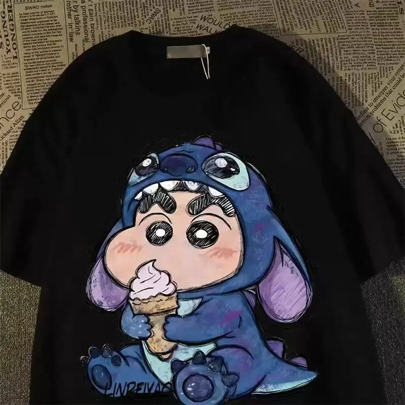 

MINISO Crayon Shin Chan Cartoon Character Women Men Fashion T-shirt Harajuku Pattern Printed Women's Casual Top Clothing