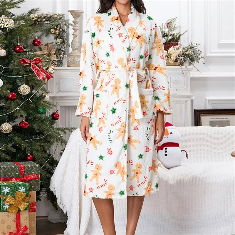 Christmas Fluffy Robes for Women Cute Gingerbread Man Print Long Sleeve Shawl Collar Bathrobe Long Plush Belt Kimono Spa Robe