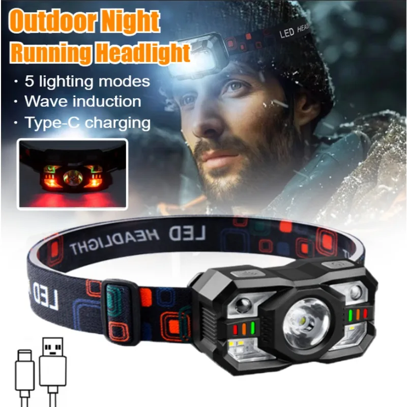 

Smart IR Motion Sensor Headlamp Type-C Rechargeable Headlight Warning Light Waterproof Head Lamp Induction Flashlight 5 Modes