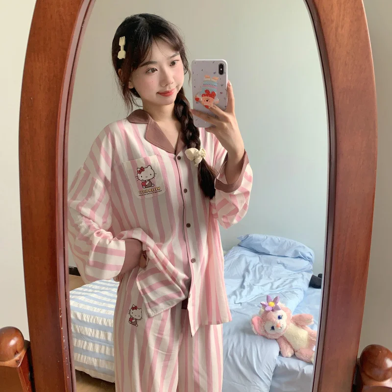 Hello Kitty pajamas winter casual cotton two-piece set Sanrio loungewear cartoon Hello Kitty pajamas pants set Sanrio pajamas