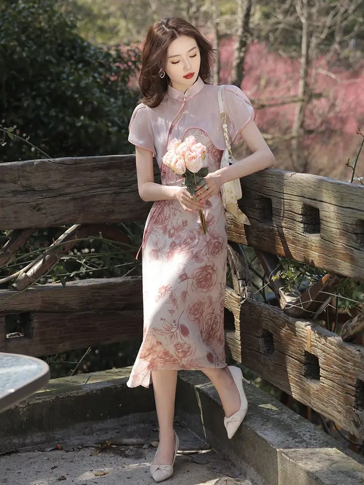 Pink Cheongsam Sexy Dress Young Summer Chinese Daily Improvement Young Girl Women\'s Clothing Modern Chi-pao