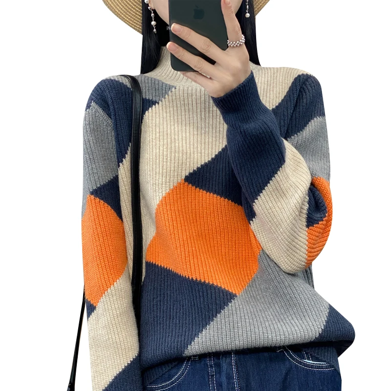 Donna nuova lana caldo morbido maglione collo mezzo alto Pullover addensato autunno inverno Casual lavorato a maglia diamante Color Block Top