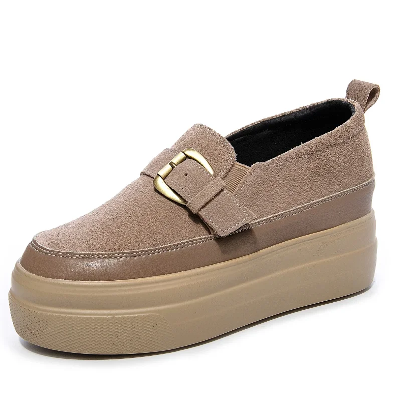 Thick Sole Shoes Women Spring New Genuine Leather Versatile Black Casual Elevated Women\'s Shoes Platform Sneakers High (5cm-8cm