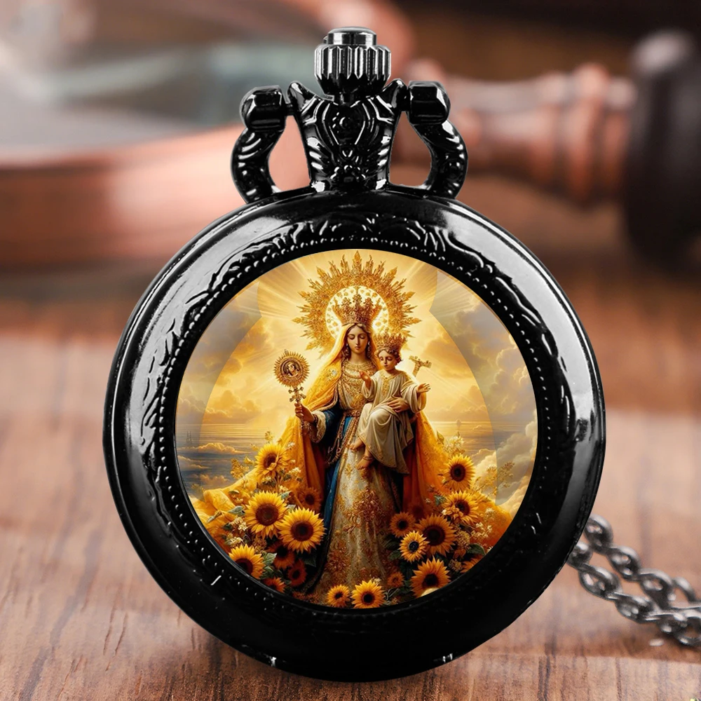Orologio da tasca dorato con design vintage Gesù Madonna Madre di Dio con collana, cassa in lega, orologio con movimento al quarzo per uomo e donna