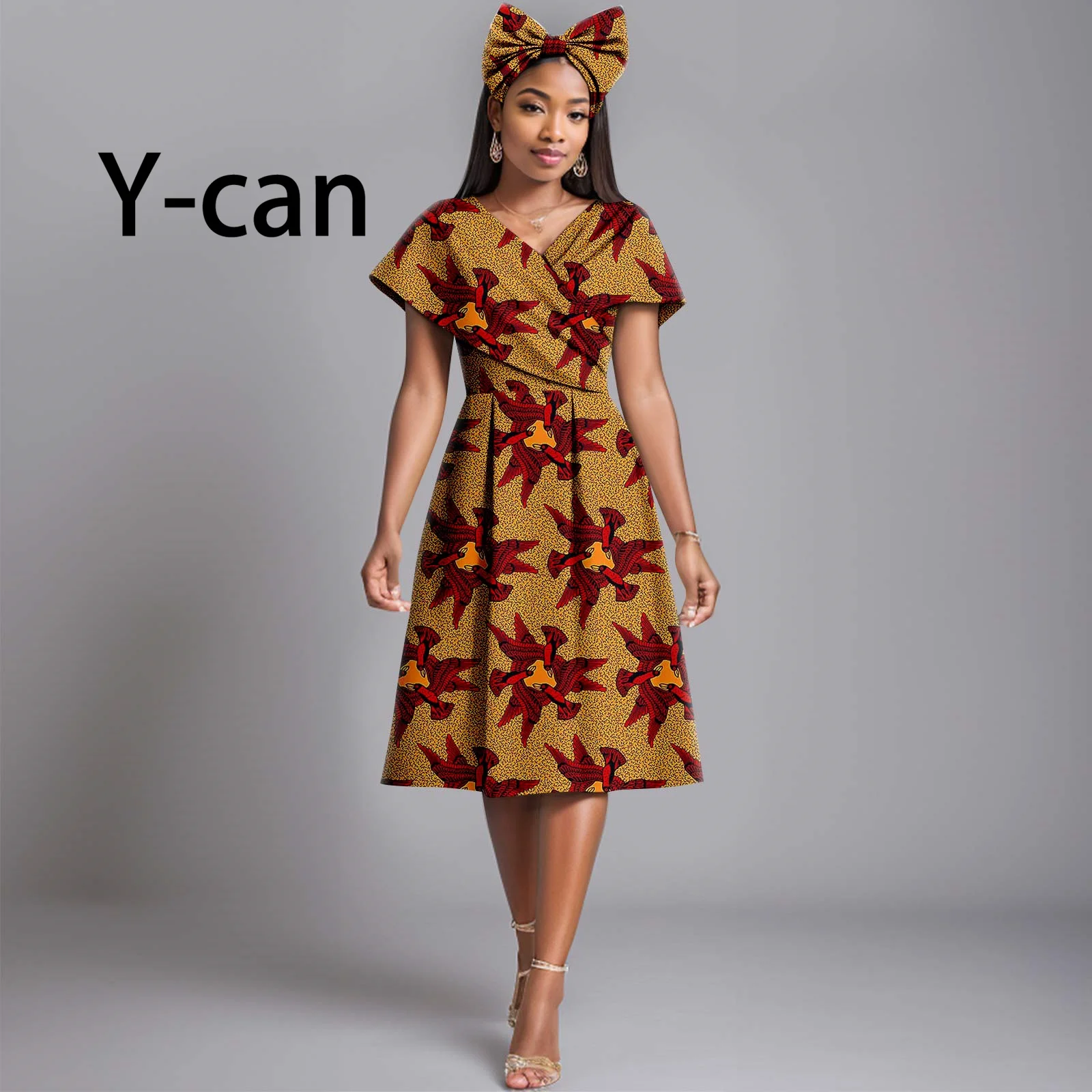 

African Women Dresses Dashiki Floral Printed Dress Match Turban Bow Headband Party Evening Wedding Vestidos Outfits Y2325108