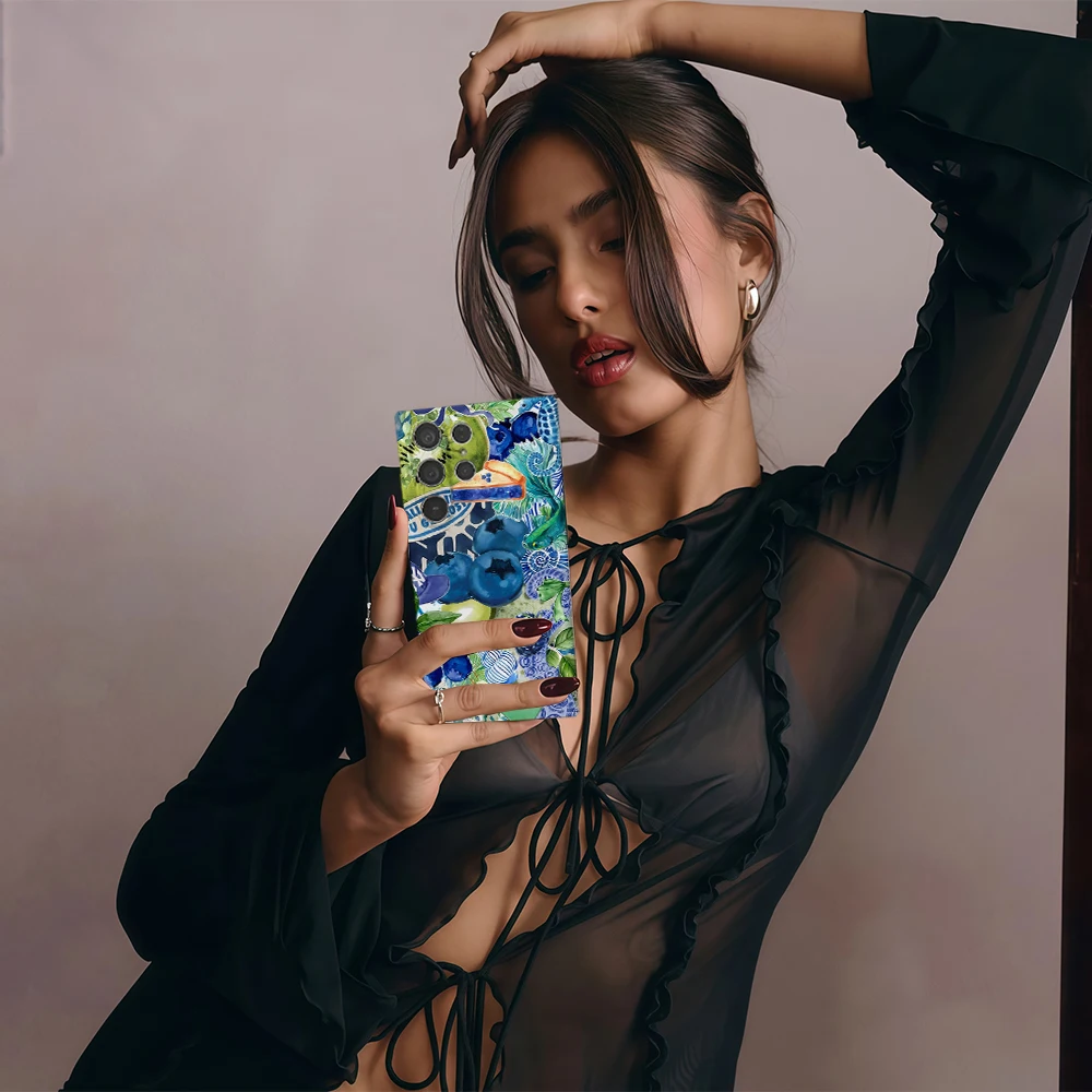 الأزرق الكولاج الفن قضية الهاتف لسامسونج غالاكسي S25 S24 S23 الترا زائد A35 A75 لامع HD الغلاف الصلب فيلم شل