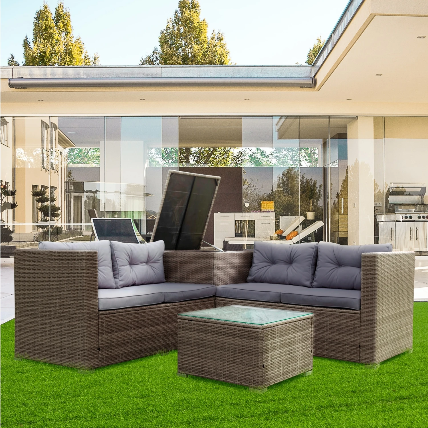 

4 Piece Patio Sectional Wicker Rattan Outdoor Furniture Sofa Set with Storage Box Grey