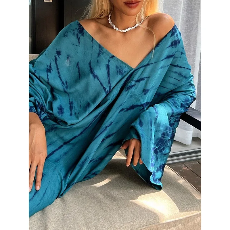 T Е Blue Bohemia Dress Donna 2025 Primavera Autunno Vintage Loose Fit Manica raglan Scollo a V Stampa Abiti longuette da spiaggia 182802