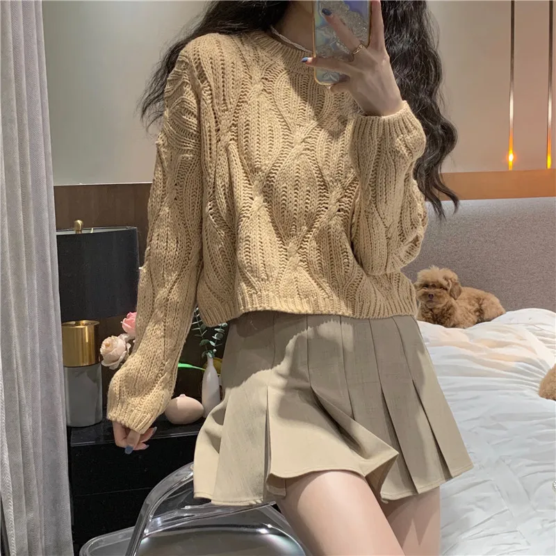 Women Pullover Soft Cable Knit Crop Sweater Long Sleeve Crew Neck Box-fit Plain Jumper Teen-girl Fall Winter Basic Outfit