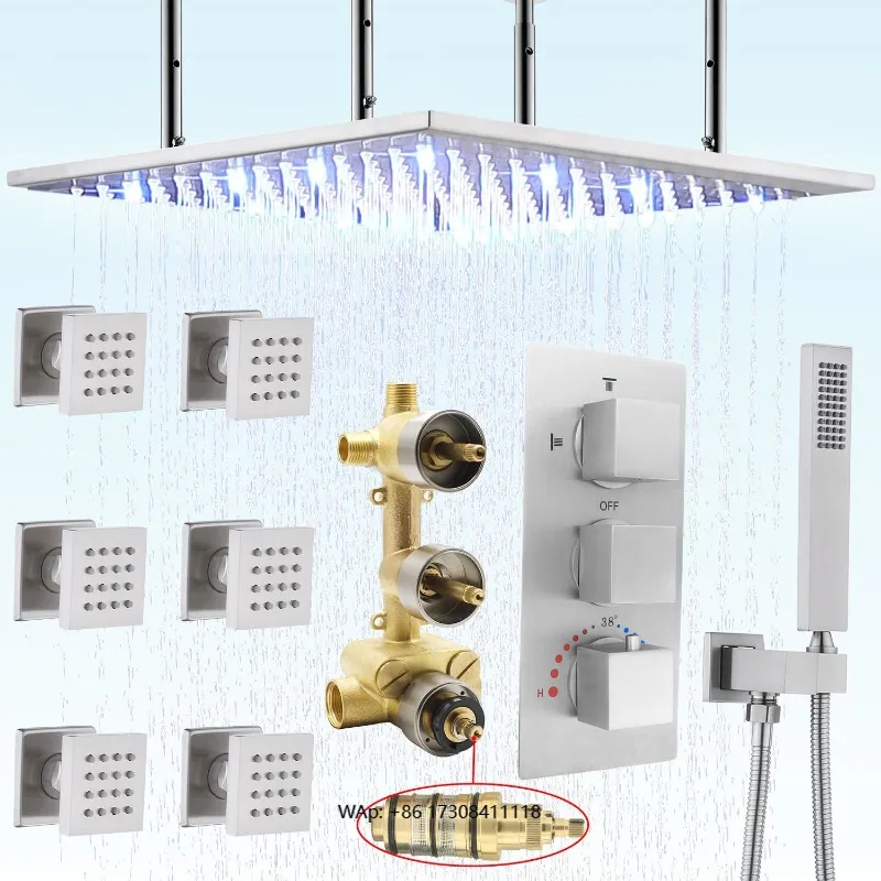 Luxury Brass Brushed Nickel Light Emitting Diode Rain Shower System with 20 Shower Faucet Set